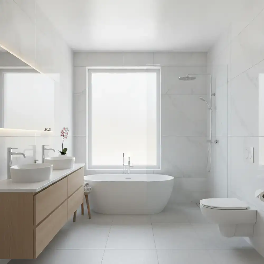 Pristine modern bathroom with gleaming fixtures and clean grout