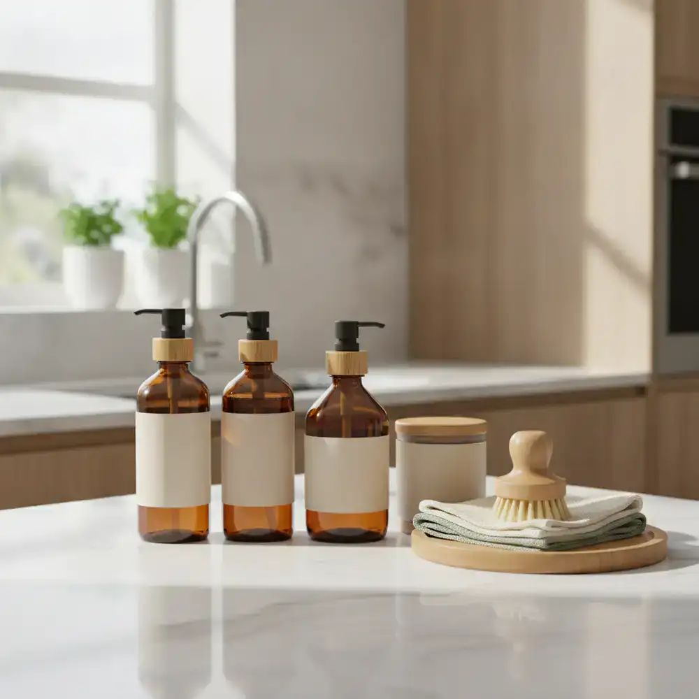 Premium eco-friendly cleaning supplies arranged elegantly in a modern kitchen