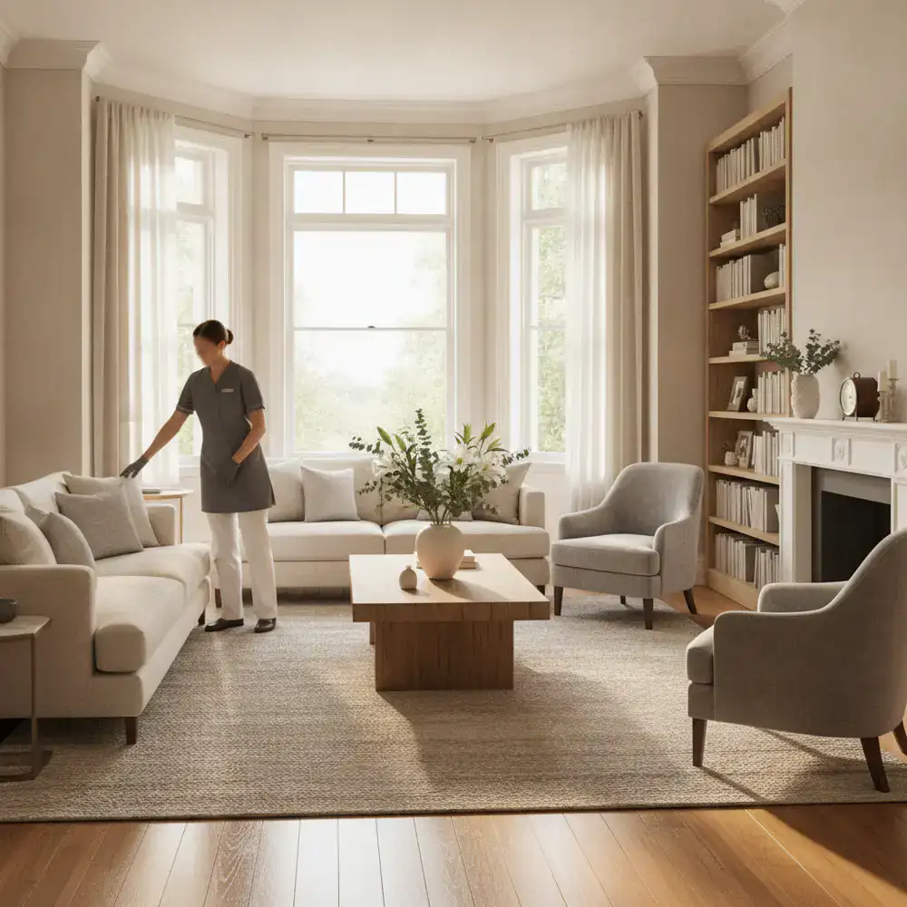 Elegant sunlit living room maintained by premium housekeeping