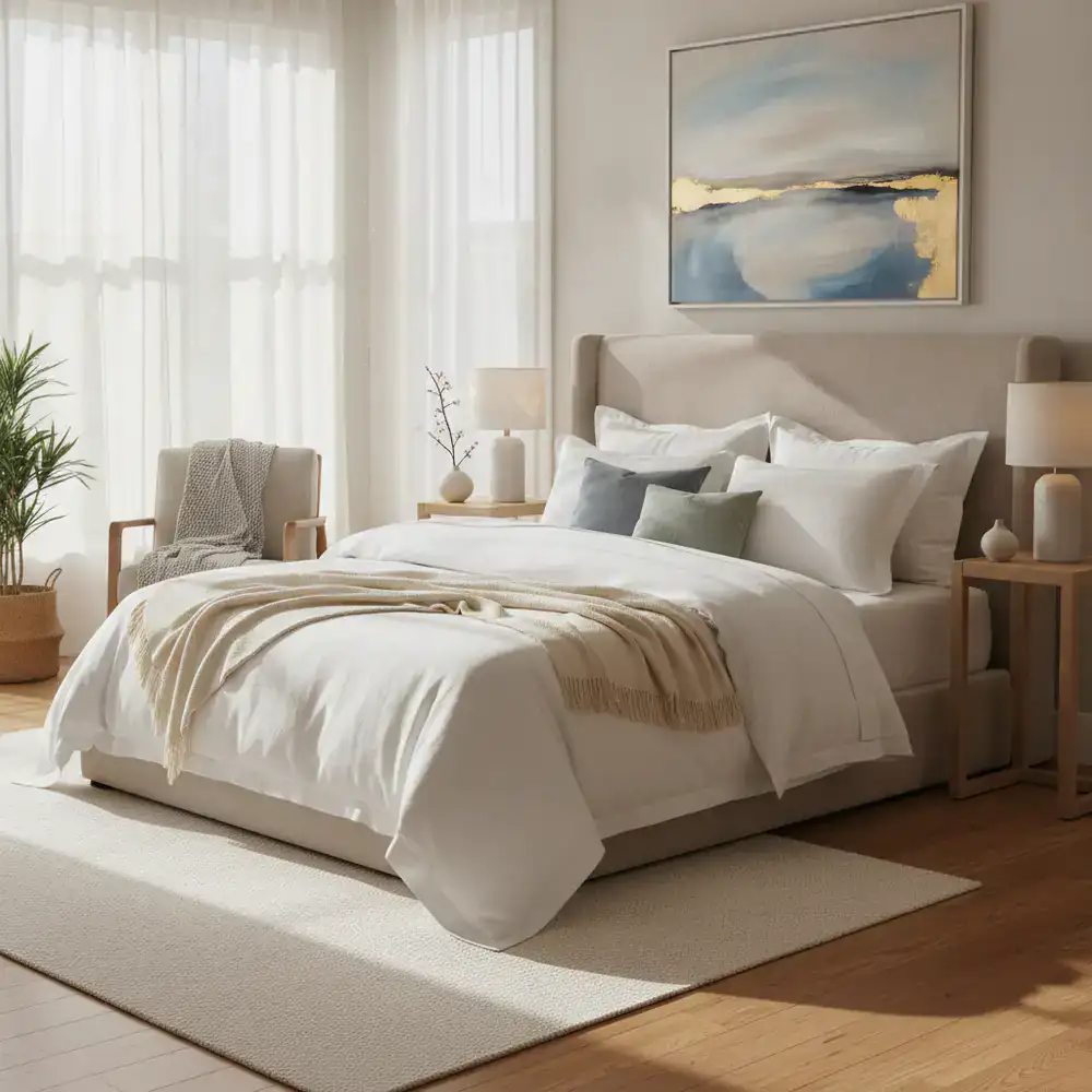 Perfectly made bed in a serene bedroom