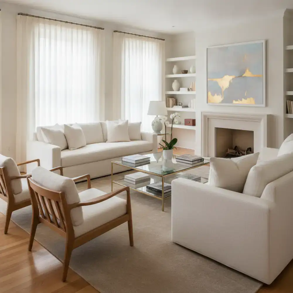 Pristine living room maintained by regular housekeeping