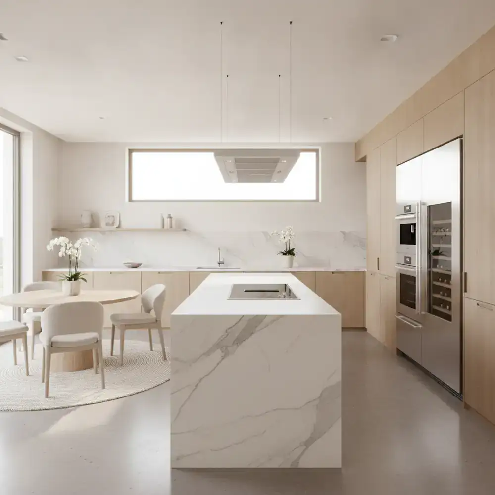 Spotless luxury kitchen showcasing polished appliances and countertops