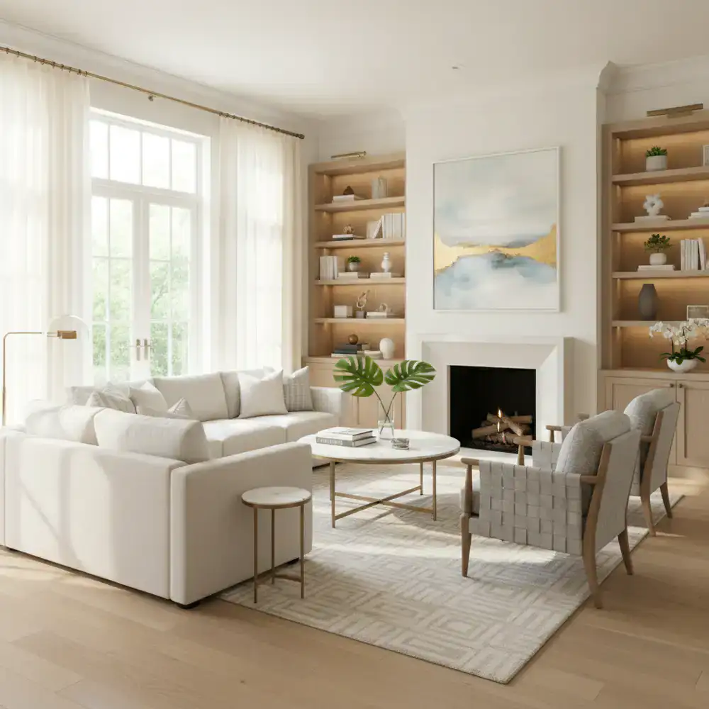 Elegant sunlit living room representing a freshly cleaned premium home
