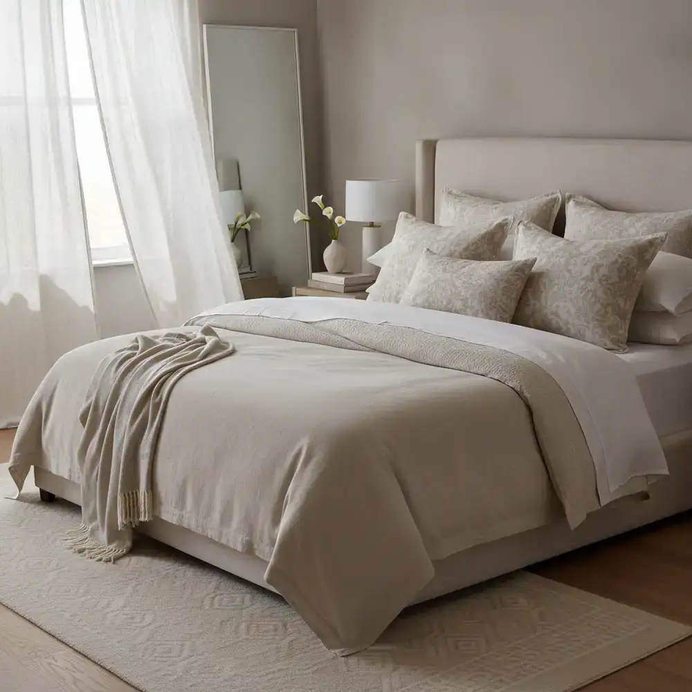 Perfectly arranged master bedroom linens
